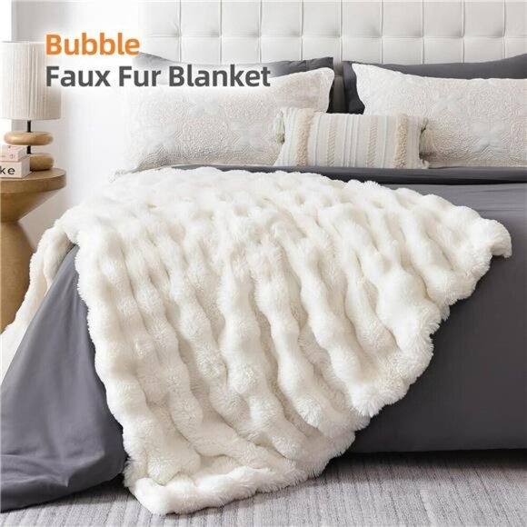 Faux Fur Throw Blanket Cream White Fluffy Soft Fleece Couch Bed Decor 50x60 - Picture 2 of 7